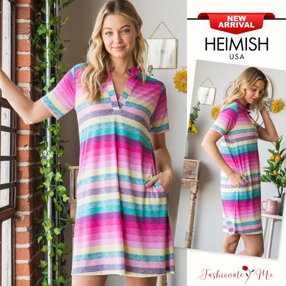 Heimish Striped Mandarin Collar Short Sleeves Side Pockets Mini Tee Dress | Pink - Picture 1 of 11